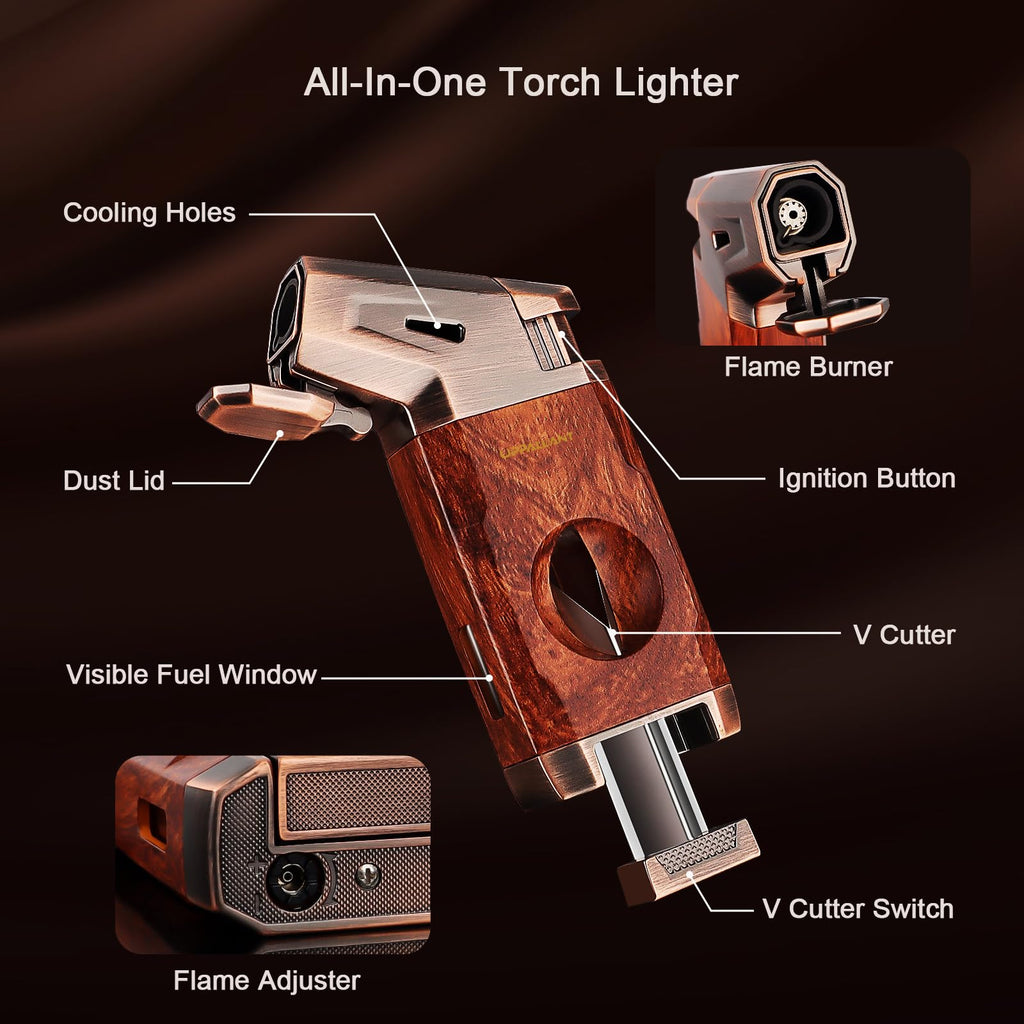Torch Lighter with Jet Flame, Built-in V Cutter, Refillable Butane Torch Lighters, Box for Men, All-in-one Windproof Cool Lighters for Candle, Outdoor