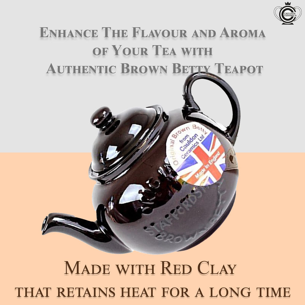 Cauldon Ceramics Classic Brown Betty Tea Pot | Hand Made 2 Cup Brown Betty Teapot with Logo | Made with Staffordshire Red Clay | Traditional Teapot | Authentic, Made in England Teapot | 20 Fl Oz