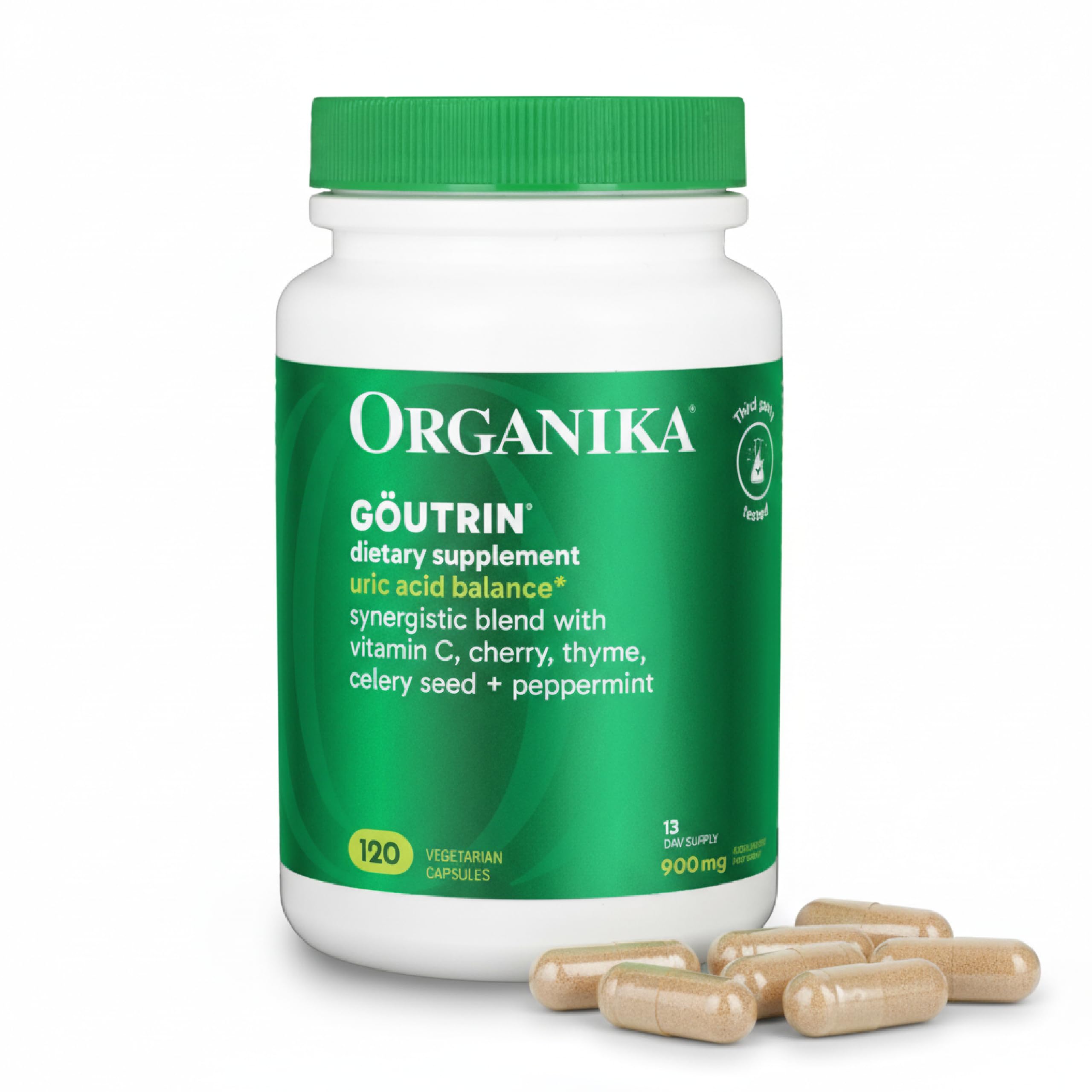 Organika Goutrin Uric Acid Flush for Gout (120 Caps): Gentle Gout Support with Cherry, Thyme, Celery Seed, Peppermint, & VIT C: Clean & Vegan Gout Supplements for Men & Women - Metabolism & Mobility