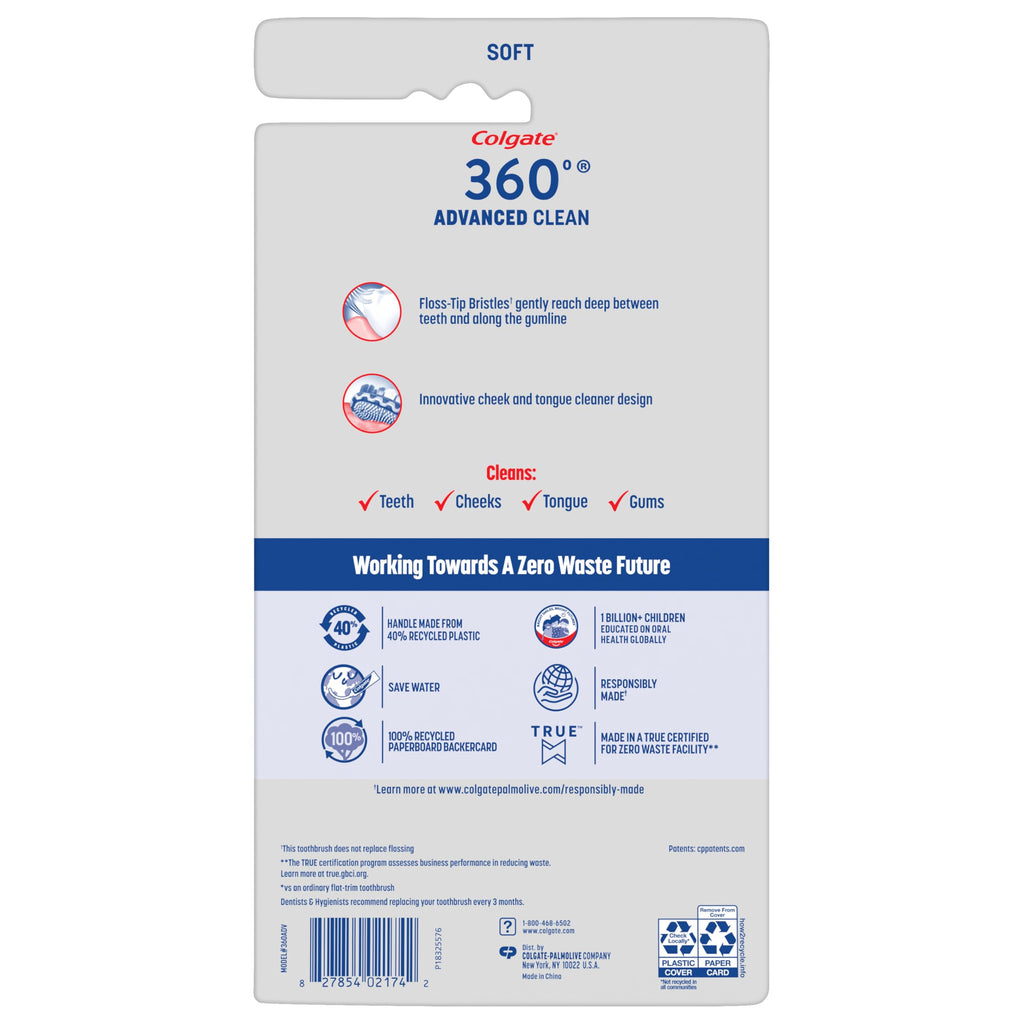 Colgate 360 Advanced Clean Adult Soft Toothbrush Pack, 6 Soft Bristled Toothbrushes with Cheek and Tongue Cleaner, Helps Clean Your Teeth, Tongue, Cheeks, and Gums, 6 Pack