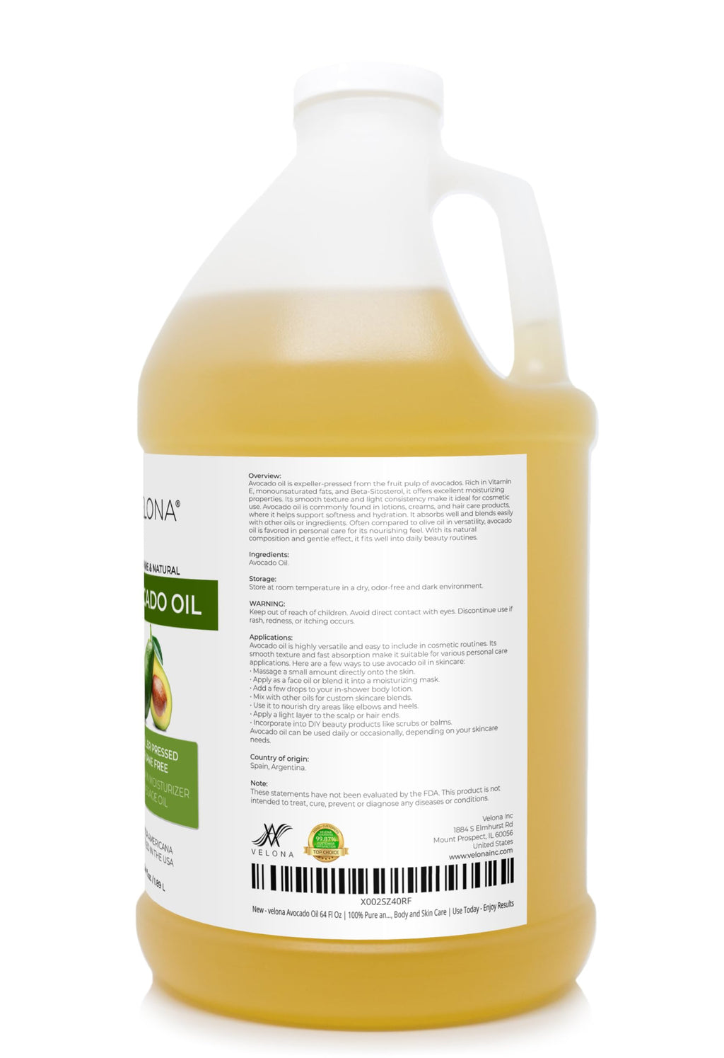 velona Avocado Oil 64 Fl Oz | 100% Pure and Natural Carrier Oil | Expeller-Pressed | Hair, Body and Skin Care | Use Today - Enjoy Results