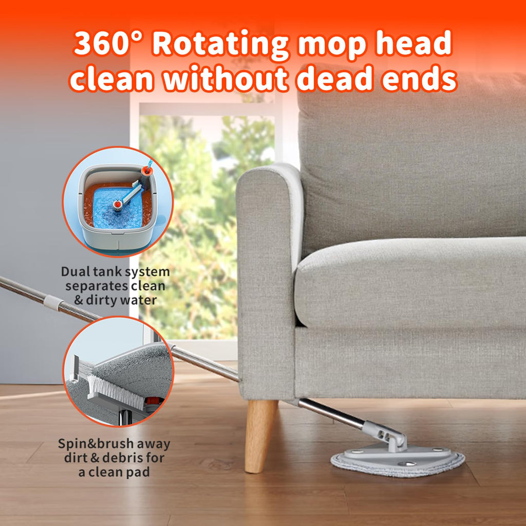 KZKR Spin Square mop and Bucket System with Wringer Set for Home with 2 Mop Pads (Grey,White)