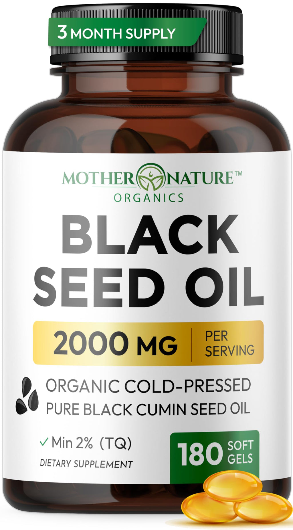 Black Seed Oil Capsules – Organic Cold Pressed Black Cumin Oil, High TQ Nigella Sativa, 1000mg per Capsule, 3 Month Supply - 180 Softgels