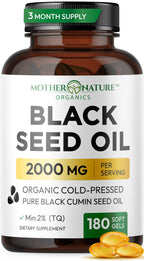 Black Seed Oil Capsules – Organic Cold Pressed Black Cumin Oil, High TQ Nigella Sativa, 1000mg per Capsule, 3 Month Supply - 180 Softgels