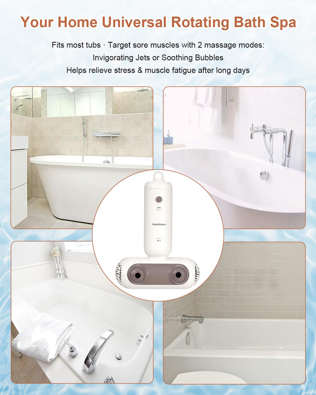 KokoSelene Bath Jets for Tub, Portable Bath Spa for Bathtub with Dual Hydro Jets, Bathtub Spa Machine Creates Soothing Bubbles for Daily Relax at Home Use (Brown)