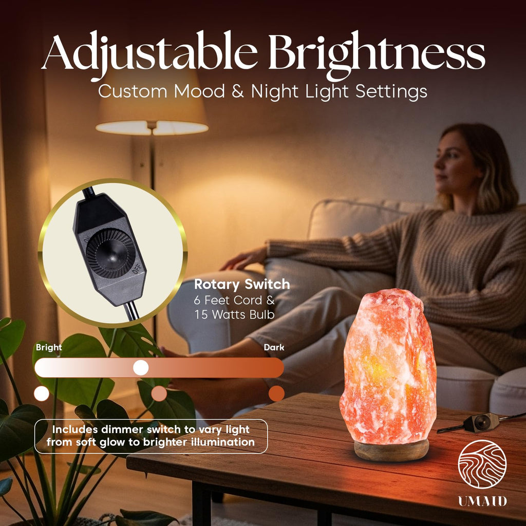 UMAID Himalayan Salt Lamp 8–10" (7–11 lb) Dimmable Pink Rock Salt Lamp with Wooden Base & Night Light Bulb, Spa Home Decor Lamp for Bedroom, Office Desk & Meditation Room, Unique Gifts for Men & Women