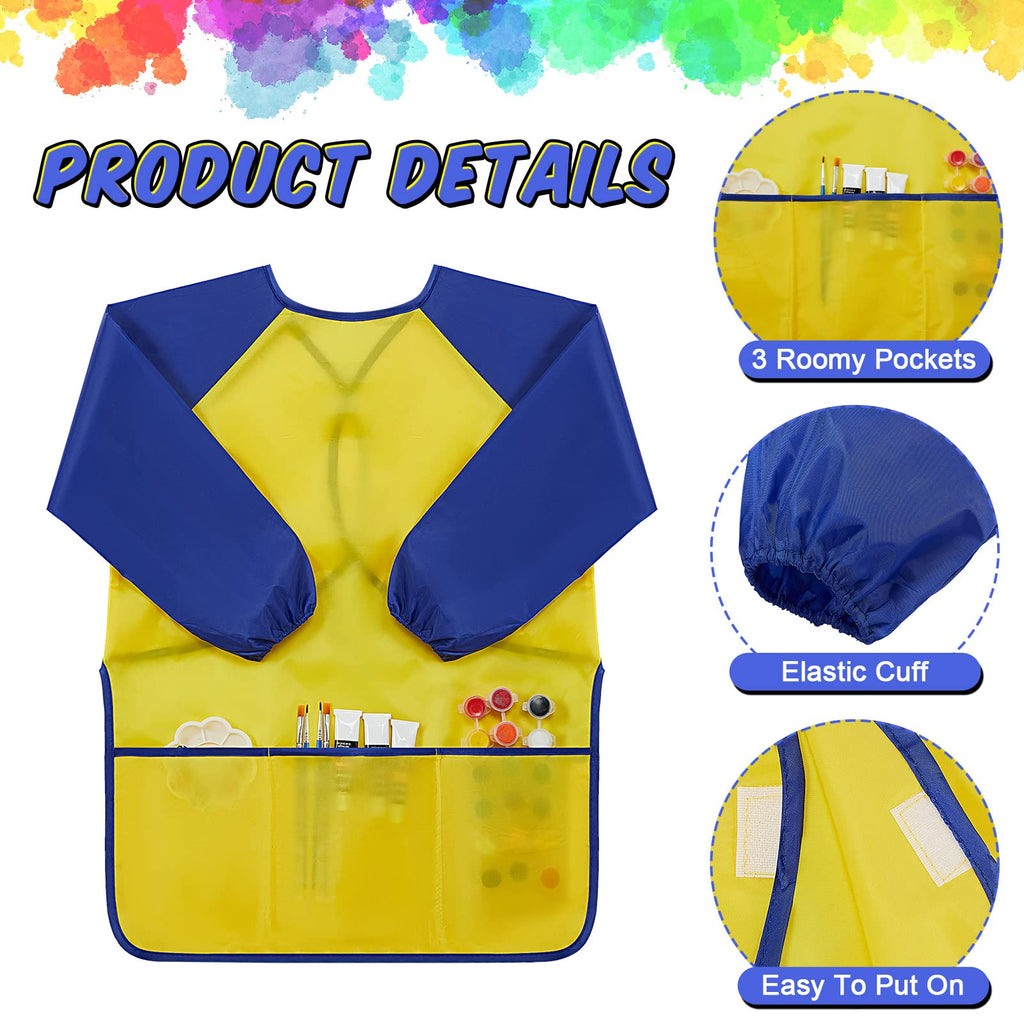 Yahenda 18 Pcs Kids Art Smocks Waterproof Painting Art Smocks for Kids with Long Sleeve 3 Pockets Toddler Apron for 2-8 Years (rose red,dark blue,yellow)
