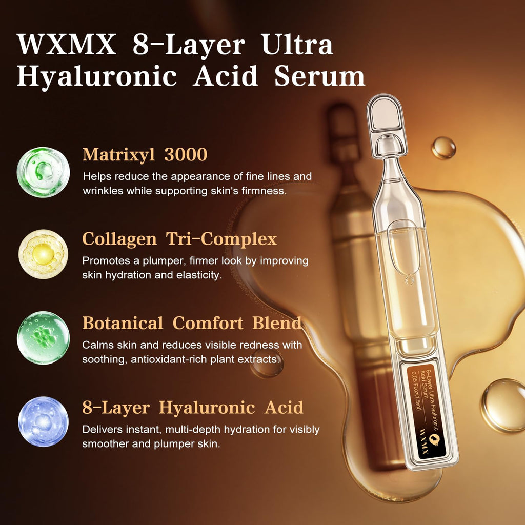 WXMX Ultra Hyaluronic Acid Serum With 8 HA Forms + Matrixyl 3000, Collagen Tri - Complex & Peptide, Multi - Layer Hydration Anti-Aging Serum, Hyaluronic Acid Serum for Face (0.05 Fl Oz (Pack of 30))