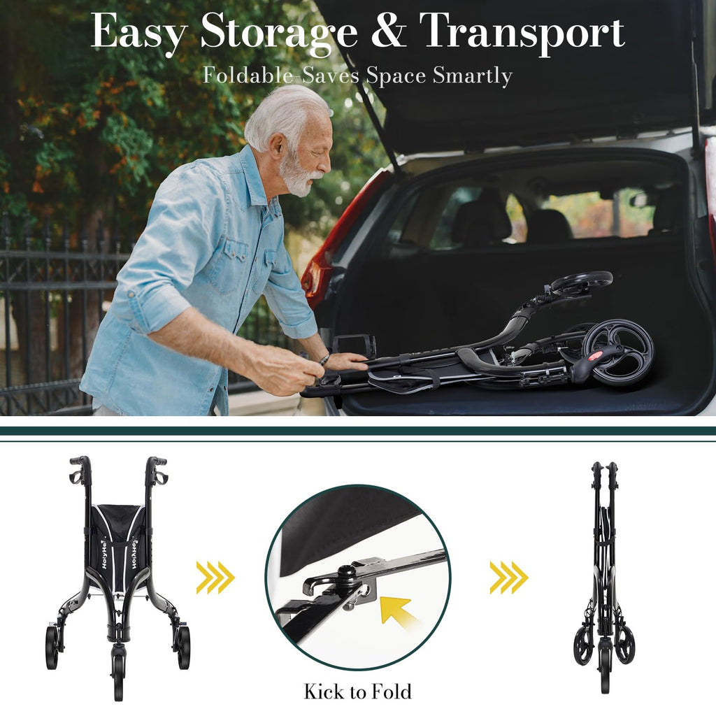 HolyHeal 3 Wheel Walkers for Seniors, Lightweight Rollator Walkers Foldable for Elderly with Cane Hold and Cup Hold, Height Adjustable Aluminum Three Wheel Rolling Walker Mobility Aid, Black