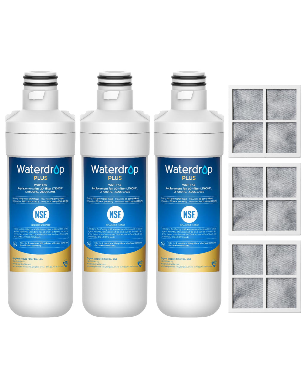 Waterdrop Plus LT1000PC ADQ747935 NSF 401 Refrigerator Water Filter and Air Filter, Reduce PFAS, Replacement for LG® LT1000P®, LRFWS2906V, LRMVS3006S, LMWS27626 and LT120F®, 3 Combo