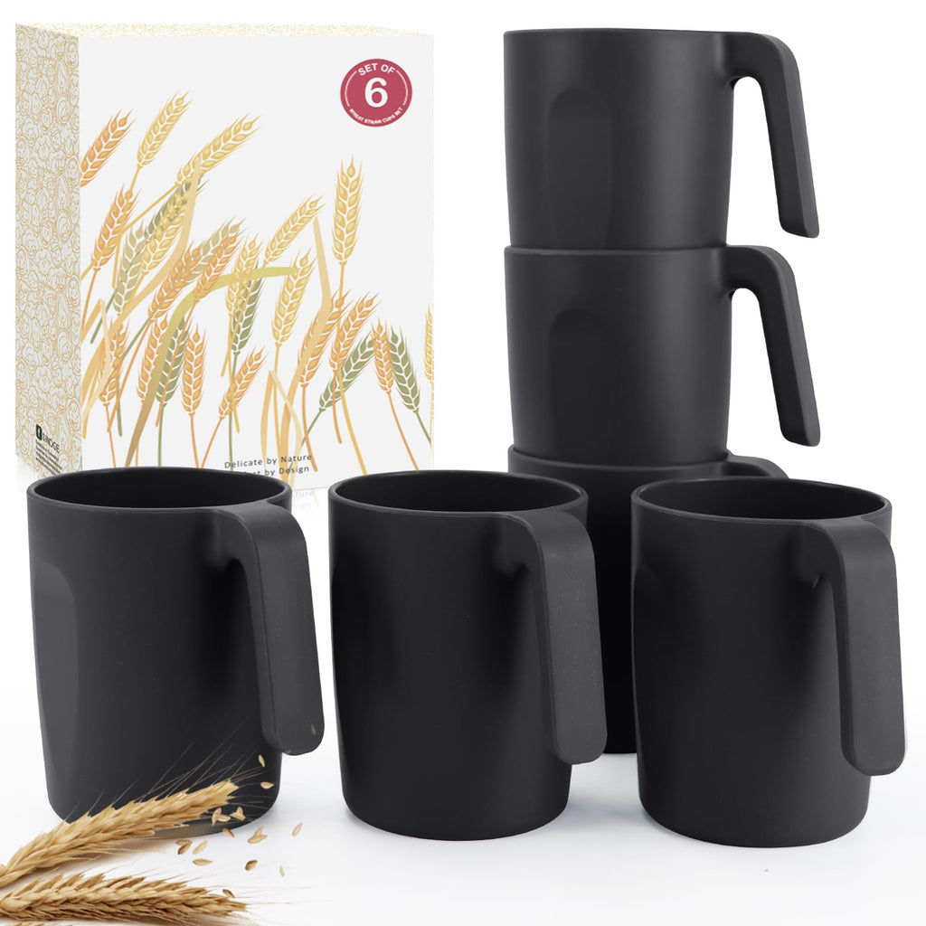 Wrova 16oz Wheat Straw Cups with handles set of 6-Plastic Cups Reusable-Unbreakable Kids Mugs-Dishwasher Safe & Microwave Safe-Ideal Plastic Mugs for Tea,Coffee,Camping,RV-Black