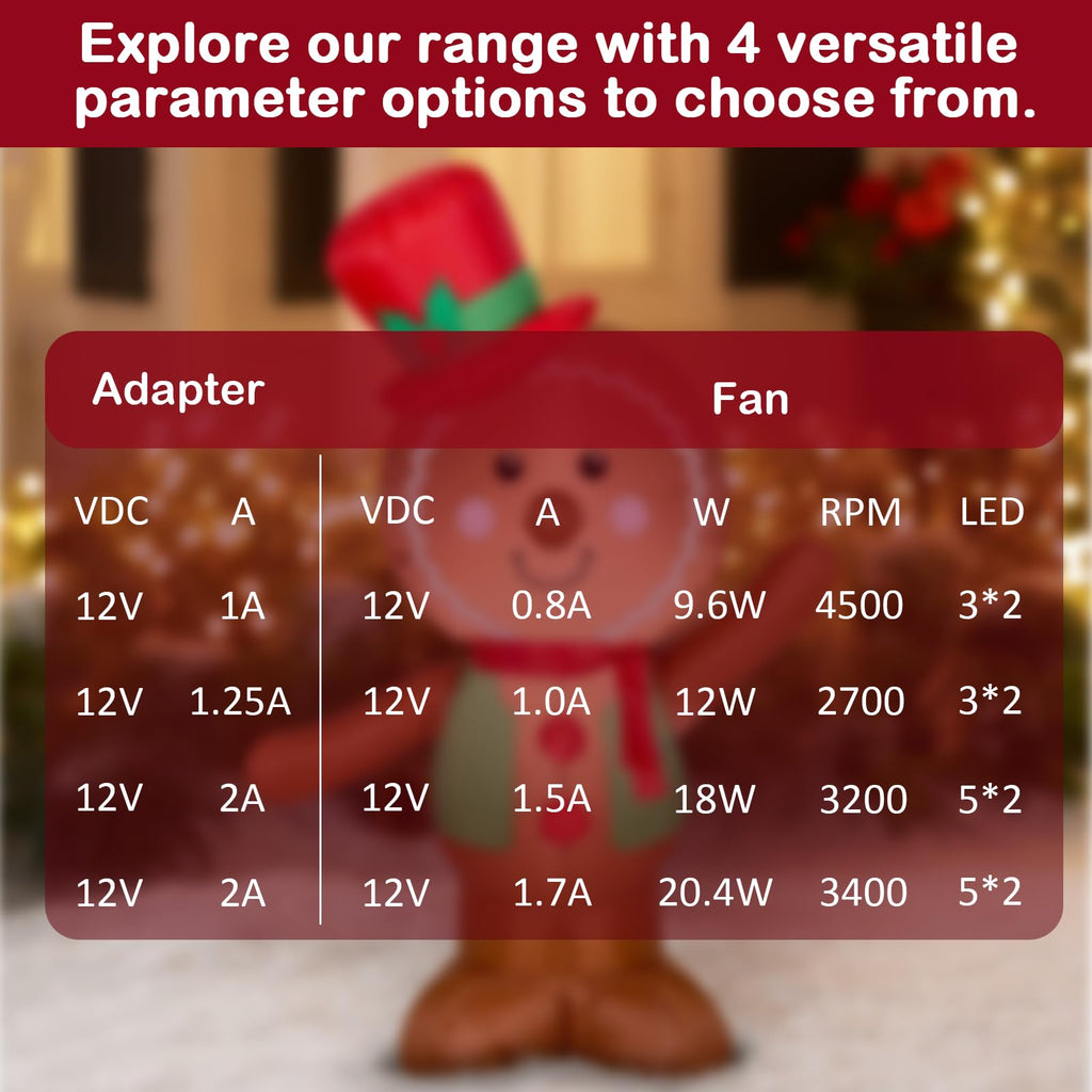 Air Blower Fan for Inflatables, 12V 0.8A Replacement Blower Fan with 1.0A Adapter and 3 LEDs Bulbs Light for Halloween and Christmas Inflatables (IP68 Waterproof, 4500RPM, 3.8 * 3.8'')