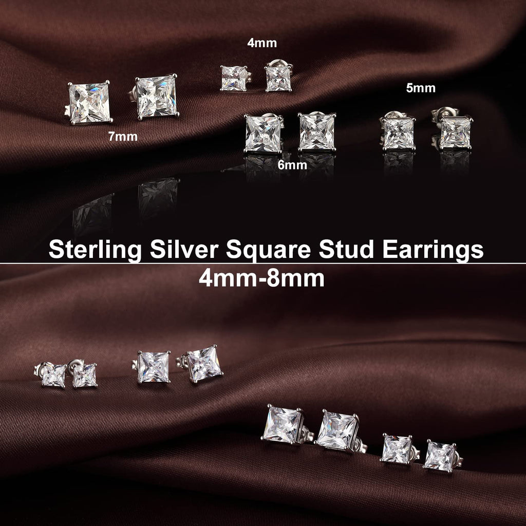18K White Plated Sterling Silver Princess Cut Cubic Zirconia Stud Earrings Square Simulated Diamond CZ Stud Earrings for Women Men Hypoallergenic 6mm