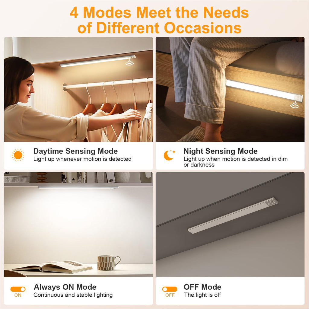 Gritin 14.7inch Under Cabinet Lighting Rechargeable 2 Pack- 3 Color Temps&5 Level Brightness, Super Bright, 4 Modes, Motion Sensor, Long Lasting - Easy Installation Magnetic Under Closet Lights-Silver