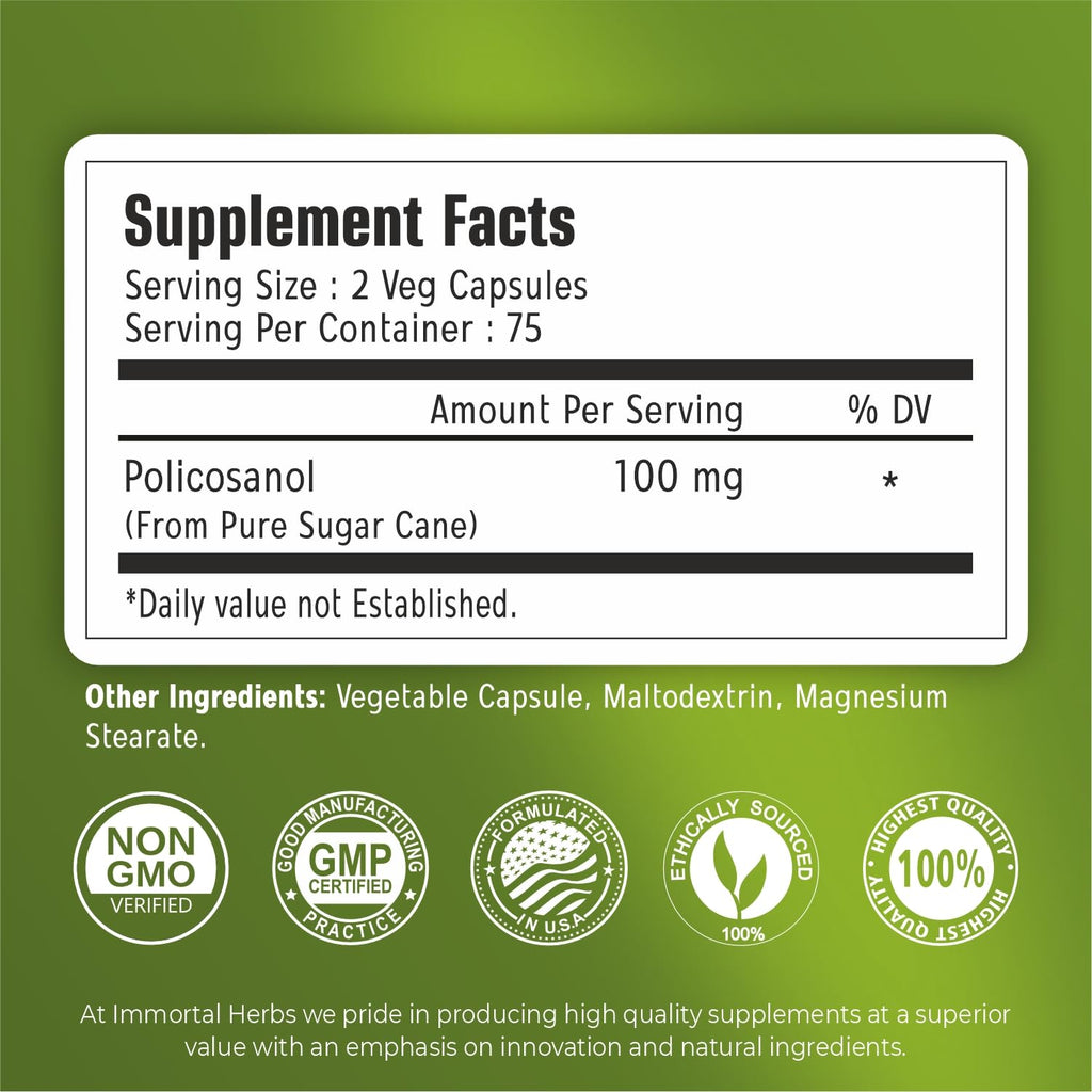 Immortal Herbs Policosanol 100mg Capsules, Derived from Sugar Cane, 150 Pills, Non-GMO and Gluten-Free Policosanol Supplement for Women and Men