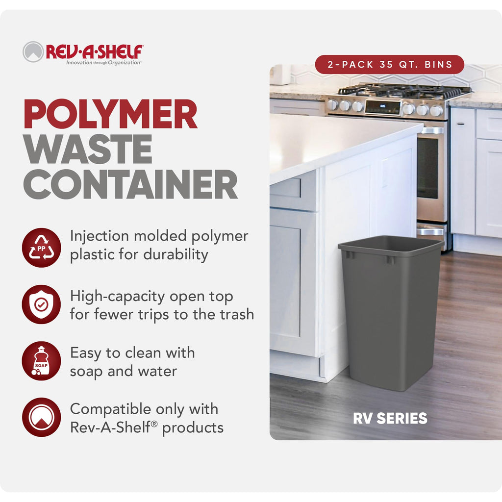 Rev-A-Shelf 2-Pack 35 Quart Polymer Replacement Trash Bin, Recycle Waste Garbage Container for Kitchen Cabinet Pullouts, Gray, RV-35-13-2 - Large Plastic Bins for Home and Office