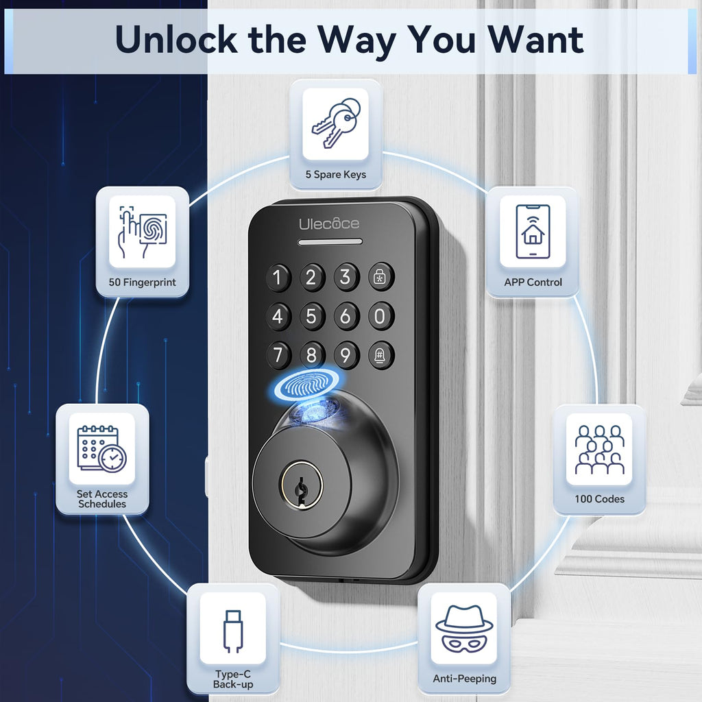 Ulecoce Fingerprint Keypad Deadbolt with Knob Set, Keyless Entry Door Lock with App Control, Door Locks for Front Door, Auto Lock＆One-Touch Lock, 100+ User Codes＆5 Keys, Easy Installation, Matte Black