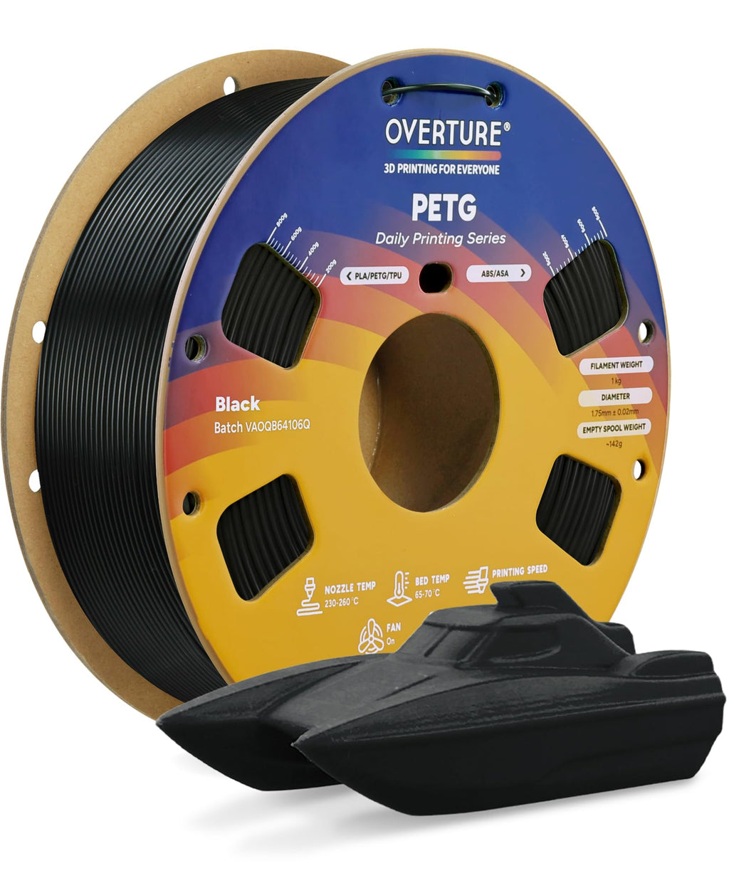 OVERTURE PETG Filament 1.75mm, High Speed 3D Printer Filament, Neatly Wound & Clog-Free, 1kg Spool (2.2lbs) Rapid PETG, Dimensional Accuracy +/- 0.02mm, Fit Most FDM Printers (Black (1-Pack))