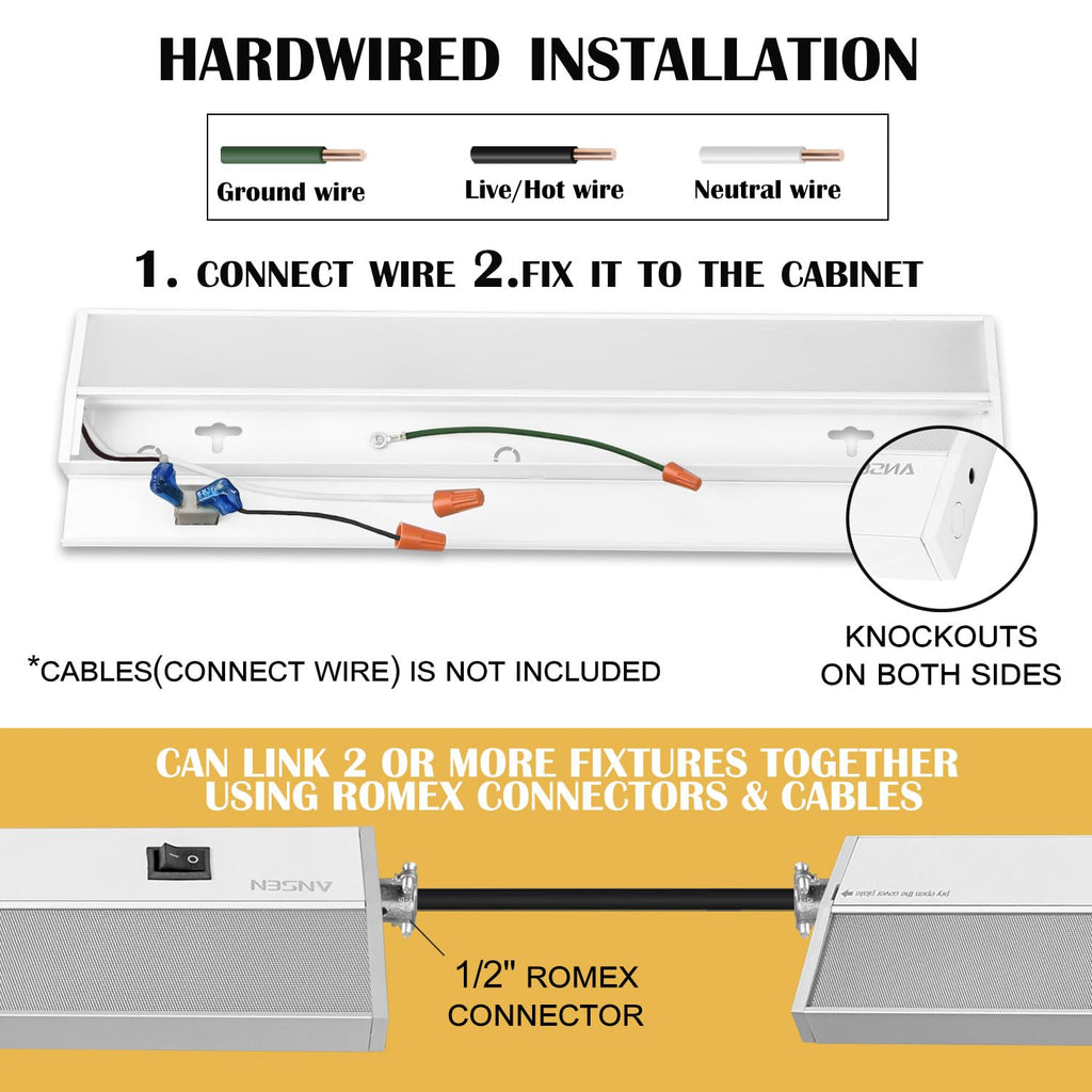 Ansen Hardwired Under Cabinet Lighting, 24in 18W LED Light for Kitchen/Closet, 1237lm, CRI>92, R9>90, 5 Color Temperature, Dimmable, 2700K-5000K(Warm White, Cool White, Daylight)