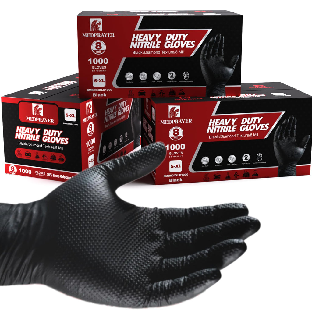 MEDPRAYER Industrial Nitrile Gloves – Heavy Duty Disposable Mechanic Gloves with Diamond Texture, Latex & Powder Free, 8 Mil Black 100 pcs S