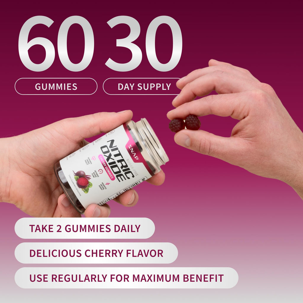 Snap Supplements Nitric Oxide Gummies - Beet Root Extract 300mg, Sugar Free Beetroot Supplement with Pomegranate Powder for Circulation & Natural Energy, 60 Vegan Gummies, Cherry Flavor