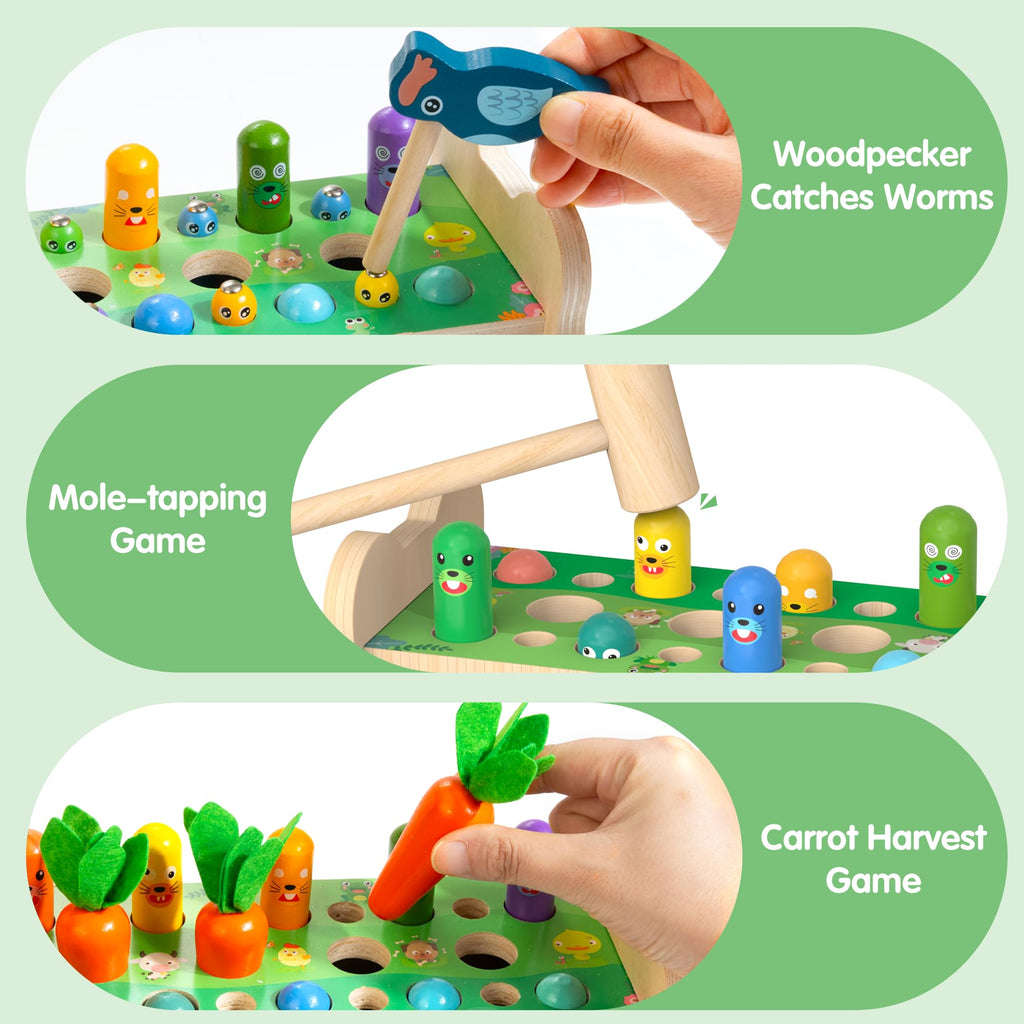 Amtreen 6-in-1 Wooden Montessori Toys for 1 2 3 Year Old, Mole-Tapping Game
