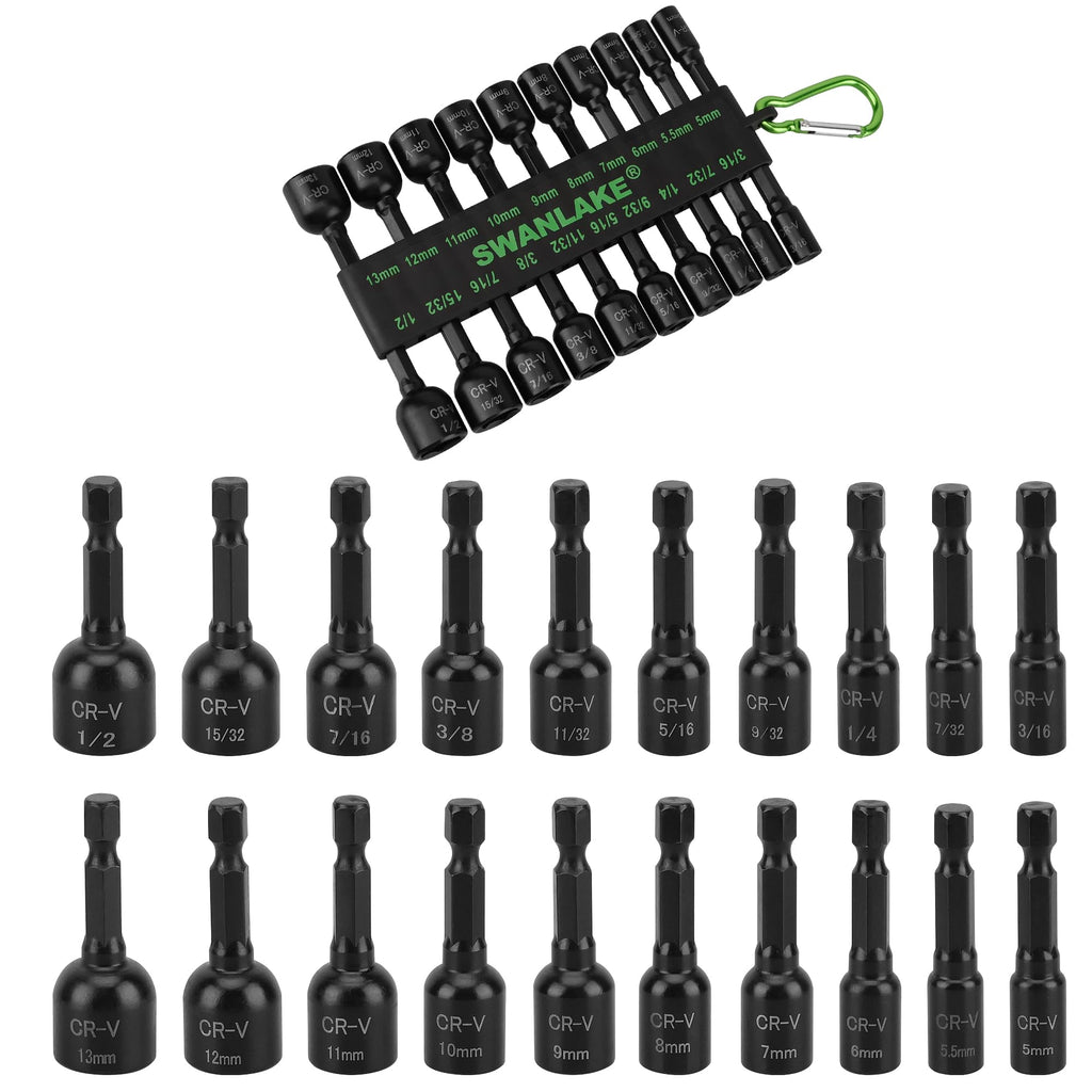 20-Piece Magnetic Nut Driver Set, Metric & SAE 1/4" Hex Shank, Drill Socket Set, Impact Driver Bit Set, Magnetic Bit Holder with Aluminum Alloy Snap Clip, Quick Change Tool