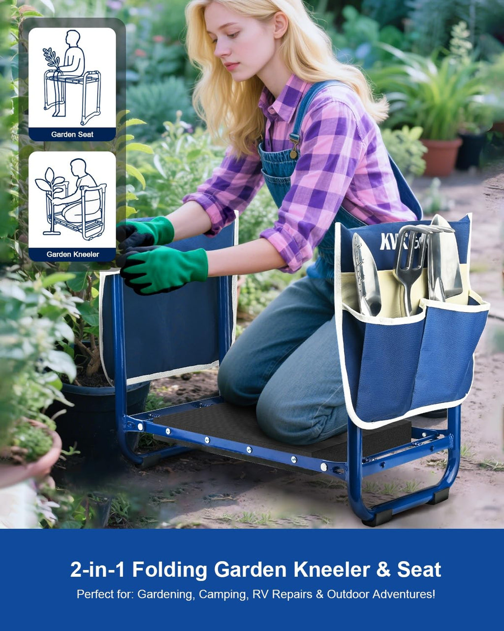 KVR Garden Kneeler and Seat Heavy Duty, 7-Piece Foldable Gardening Bench & Stool Set with 3 Aluminum Tools, 2 Secure Tool Pouches and Double-Layer Tote Bag, Gift for Seniors