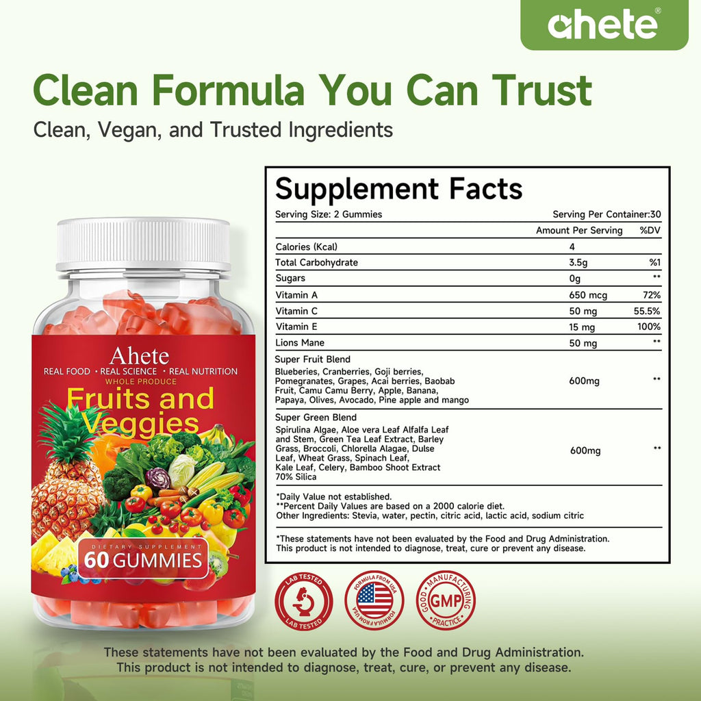 Ahete Fruit and Veggies Supplement, Vitamin A C E with 30+ Super Green Supplement for Women, Men and Kids, 60 Gummies, 30 Day Supply