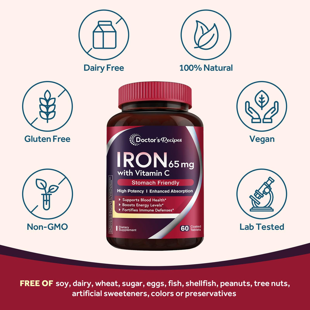 Doctor's Recipes Iron Supplement 65 mg with Vitamin C - Maximized Absorption & Stomach Friendly Iron Pills for Red Blood Cells Formation, Heart, Brain & Immunity Health - Vegan Non-GMO 90 Iron Tablets