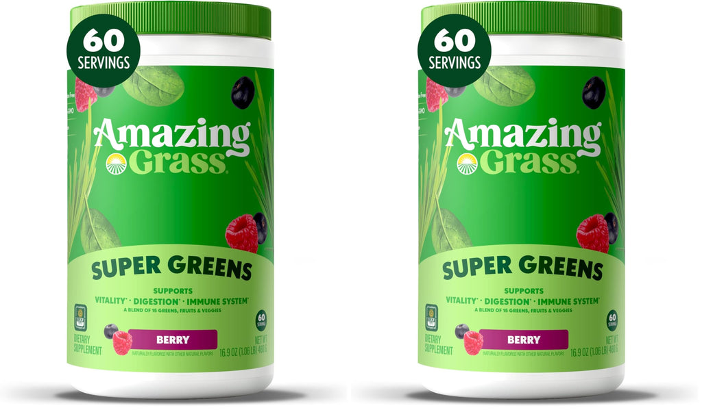 Amazing Grass Greens Blend Superfood: Super Greens Powder Smoothie Mix with Spirulina,Chlorella,Beet Root Powder,Digestive Enzymes & Probiotics,Berry,60 Servings (Packaging May Vary),(Pack of 2)