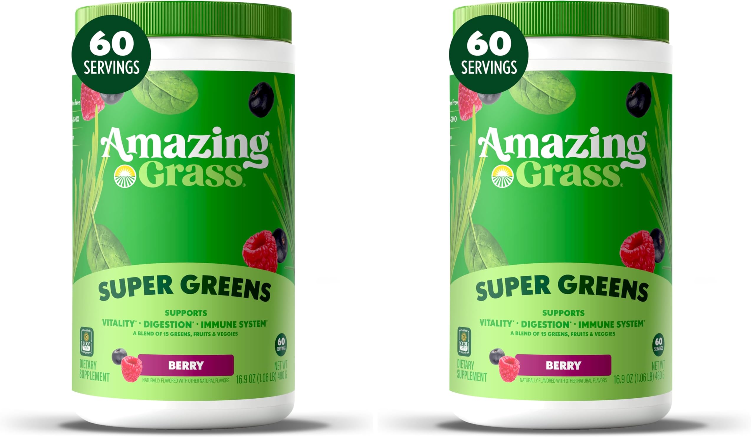 Amazing Grass Greens Blend Superfood: Super Greens Powder Smoothie Mix with Spirulina,Chlorella,Beet Root Powder,Digestive Enzymes & Probiotics,Berry,60 Servings (Packaging May Vary),(Pack of 2)