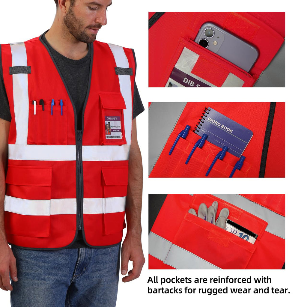 Dib Safety Reflective Safety Vest for Men Women, High Visibility Vest with Pockets and Zipper, Red 4XL