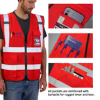 Dib Safety Reflective Safety Vest for Men Women, High Visibility Vest with Pockets and Zipper, Red 4XL