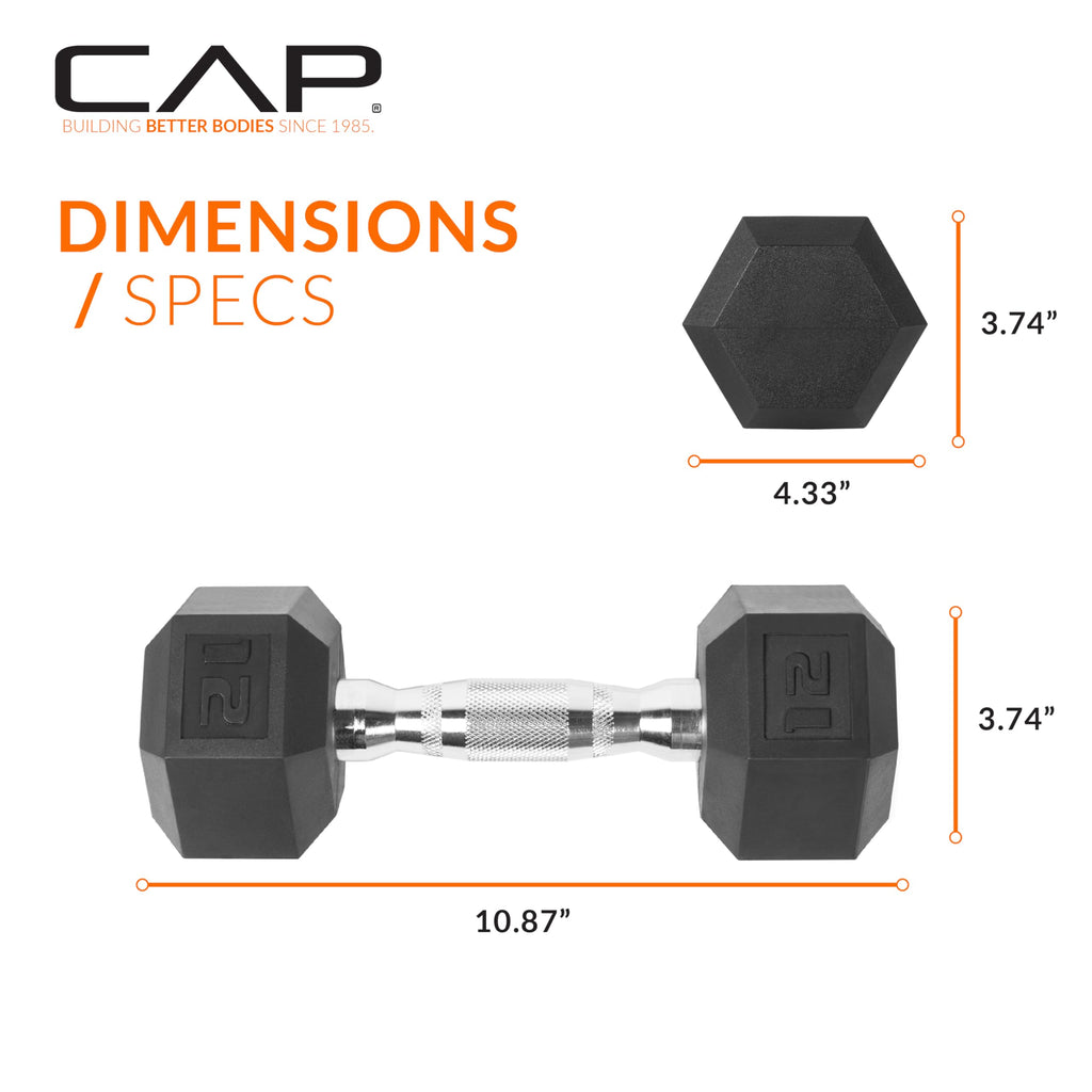 CAP Barbell 12 LB Rubber Coated Hex Dumbbell Hand Weight - Pair | Chrome Handle