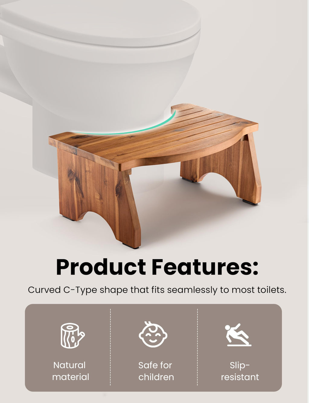 TINAMO Acacia Wood Foldable Toilet Stool for Bathroom Adults - 7.2" Poop Stool for Kids - Pooping Stool Squat with Anti Slip Layer - Bathroom Stools for Sitting/Travel (Acacia, 7.2" Height)