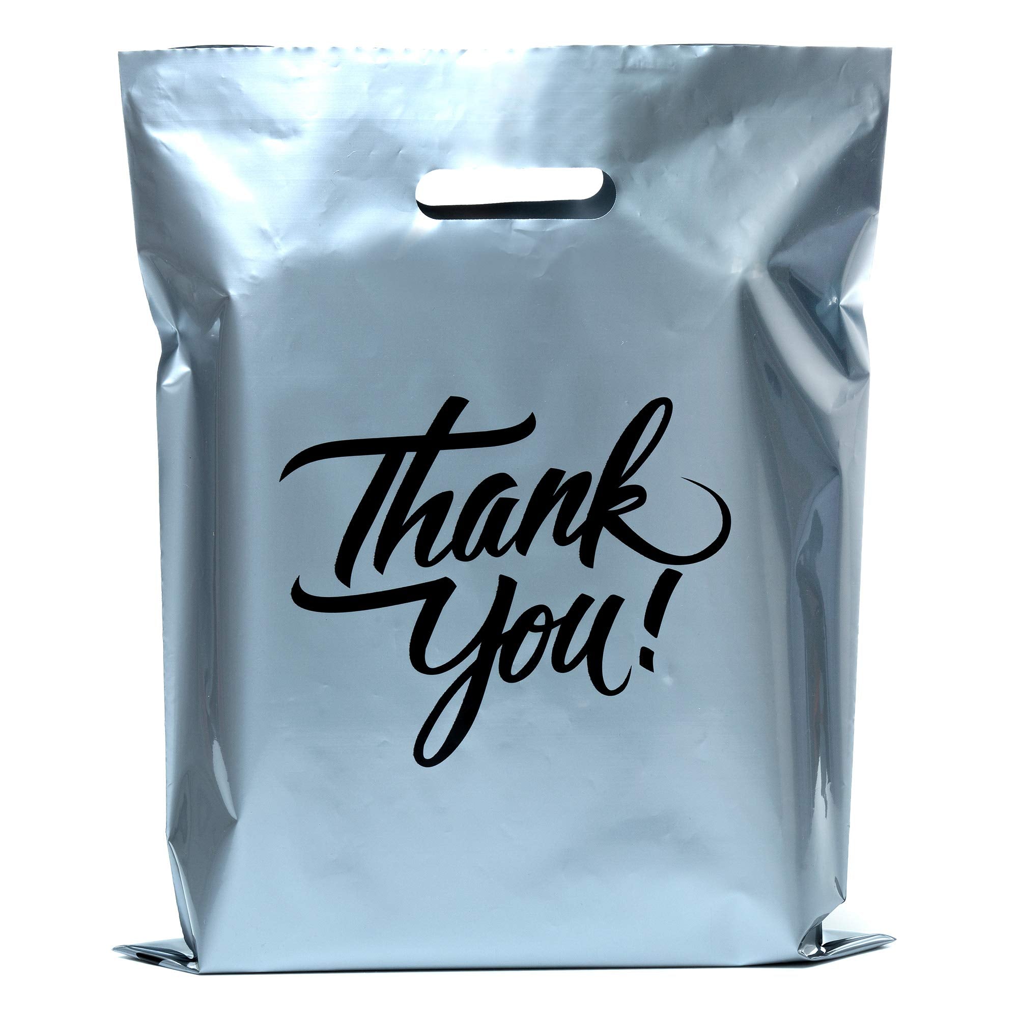 Infinite Pack Silver 16"x18"(500pcs) Thank You plastic Merchandise Bags Die-Cut Handles, Perfect for Retail Shopping, Boutiques, Goodie bags, and Gift Packaging & Favors, 1.75MIL Reusable Plastic Bag