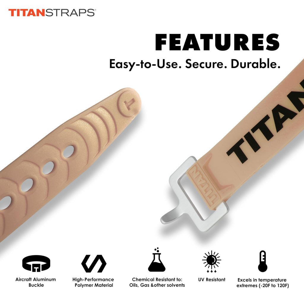 Titan Industrial Straps – Safety Strap Set to Secure Splits, Cargo Bikes, Garden Hoses, Wood Working Projects – 70 lb. Working Load, 20" Length, 4-Pack Coyote Tan