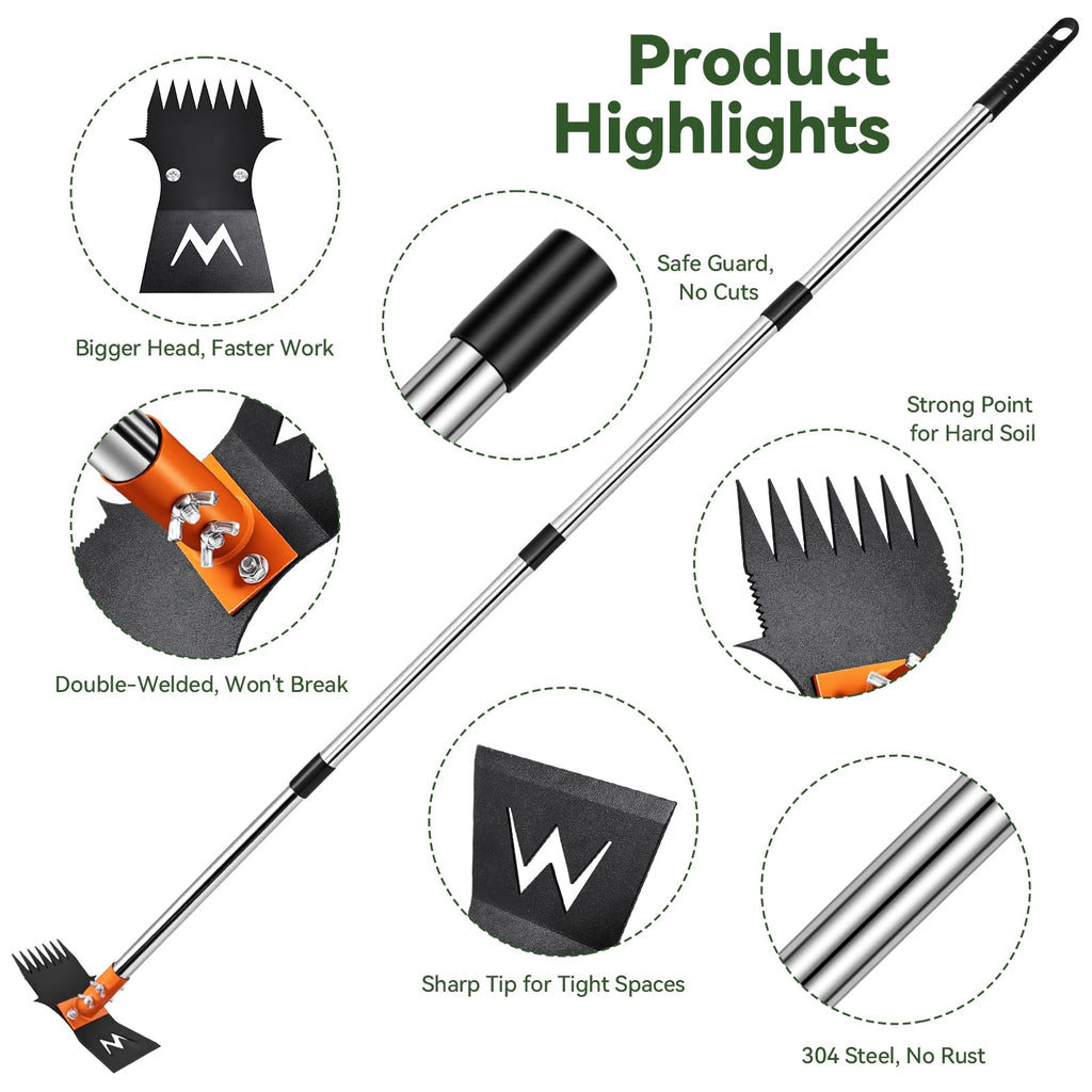 Garden Hoe & Weed Puller Tool with Long Handle, 60 Inch,Manual Weed Remover Tool, 3-in-1 Weed Rake & Grabber & Pruning Shears, Dandelion Gardenia Heavy Duty Uprooting Tool for Yard, Lawn and Garden
