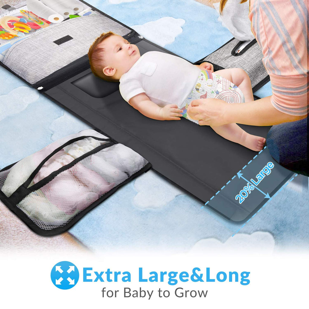 Portable and Waterproof XL Baby Changing Mat - This Nappy Changing mat is a Detachable Bag consisting of 6 Pockets Along with a Wipe Dispenser and a Comfortable Cushion for Baby's Head