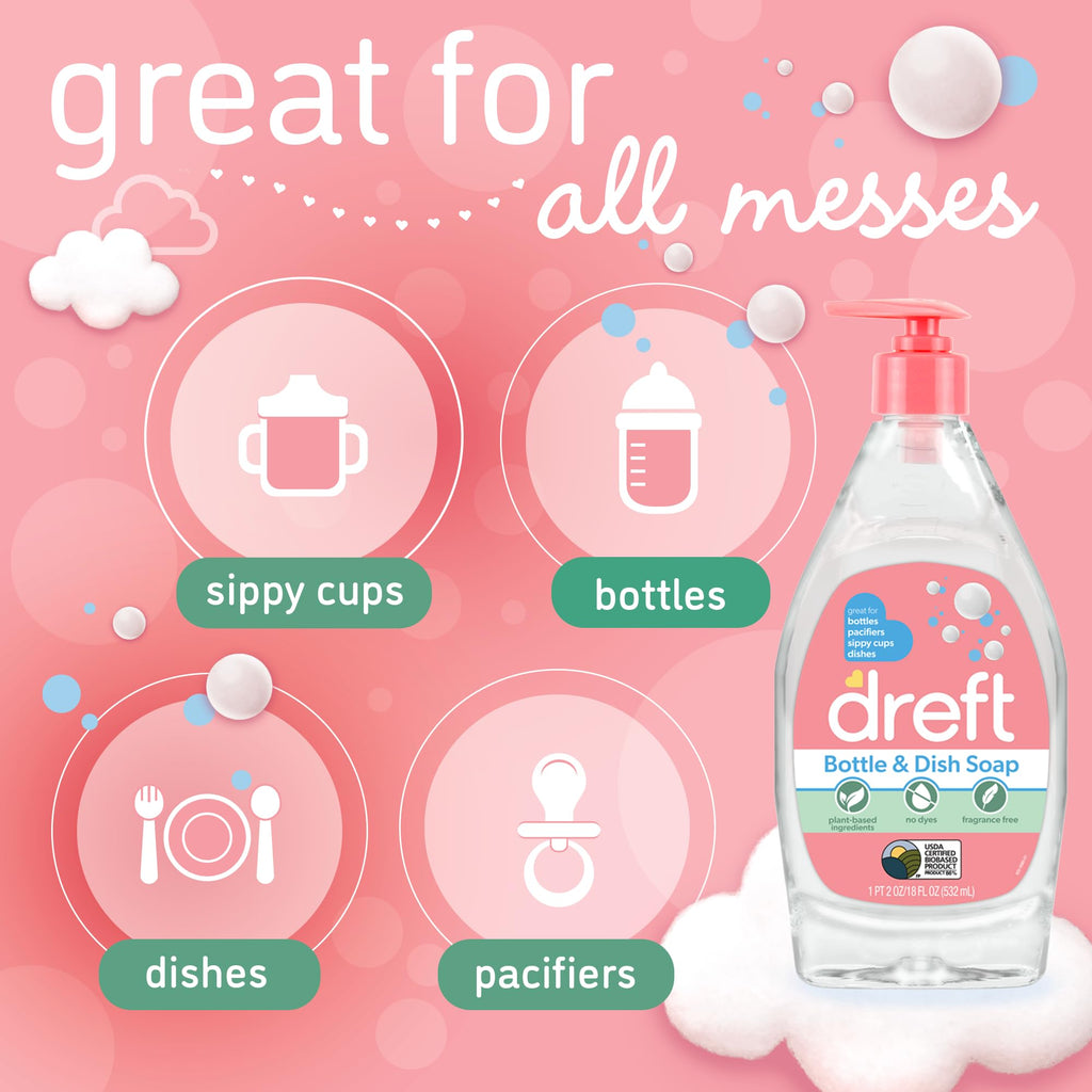 Dreft Bottle and Dish Soap | Made to Clean Baby Bottles,Sippy Cups,Pacifiers,Breast Pumps,& More | Gently Removes Milk Film & Odors-| Plant Based,Fragrance Free Dish Soap-| 18 Fl Oz,(Pack of 6)