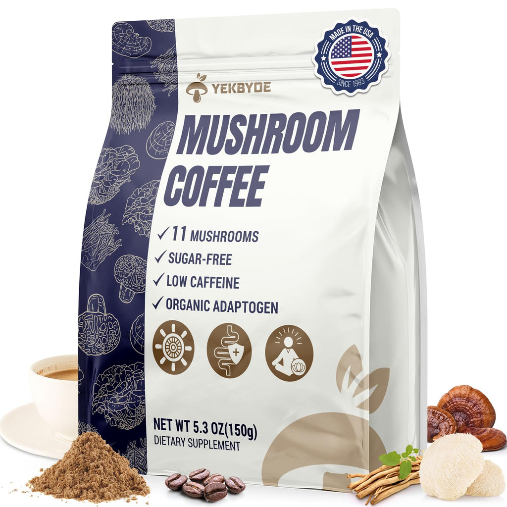 Mushroom Coffee, 11 Superfood Mushrooms includes Lion's Mane, Reishi, Chaga & Ashwagandha, Instant Mushroom Coffee Organic for Energy, Memory, Digestion & Detox, Low Caffeine & Sugar Free, 5.3oz