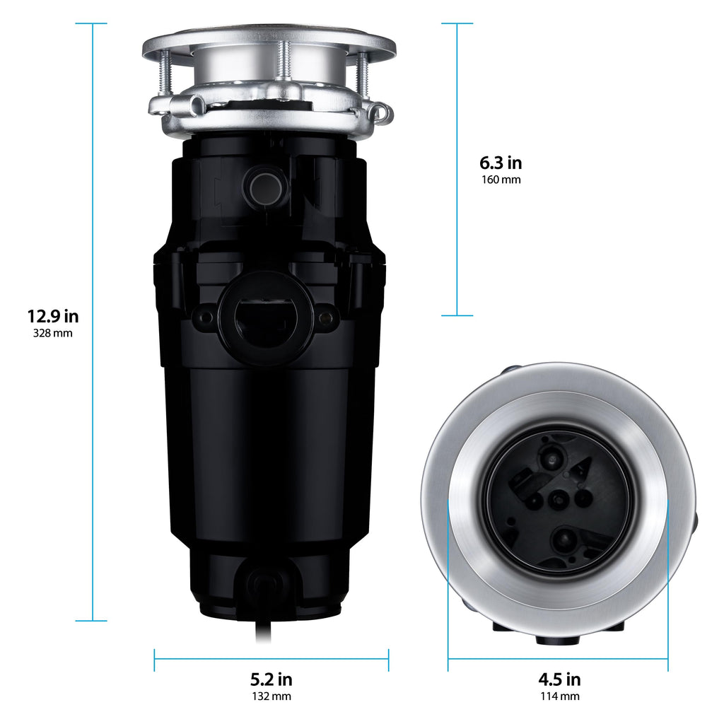Waste Maid 10-US-WM-158-3B Garbage Disposal Anti-Jam Stainless Steel Food Waste Grinding System, 1/2 HP Standard, Black