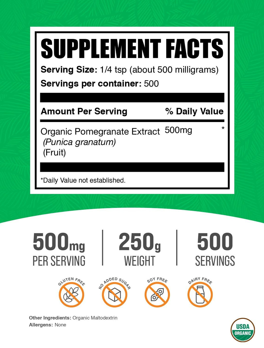 BulkSupplements.com Organic Pomegranate Extract Powder - Organic Pomegranate Powder, Polyphenols Supplement, Antioxidant Supplement - Gluten Free, 500mg per Serving, 250g (8.8 oz) (Pack of 1)