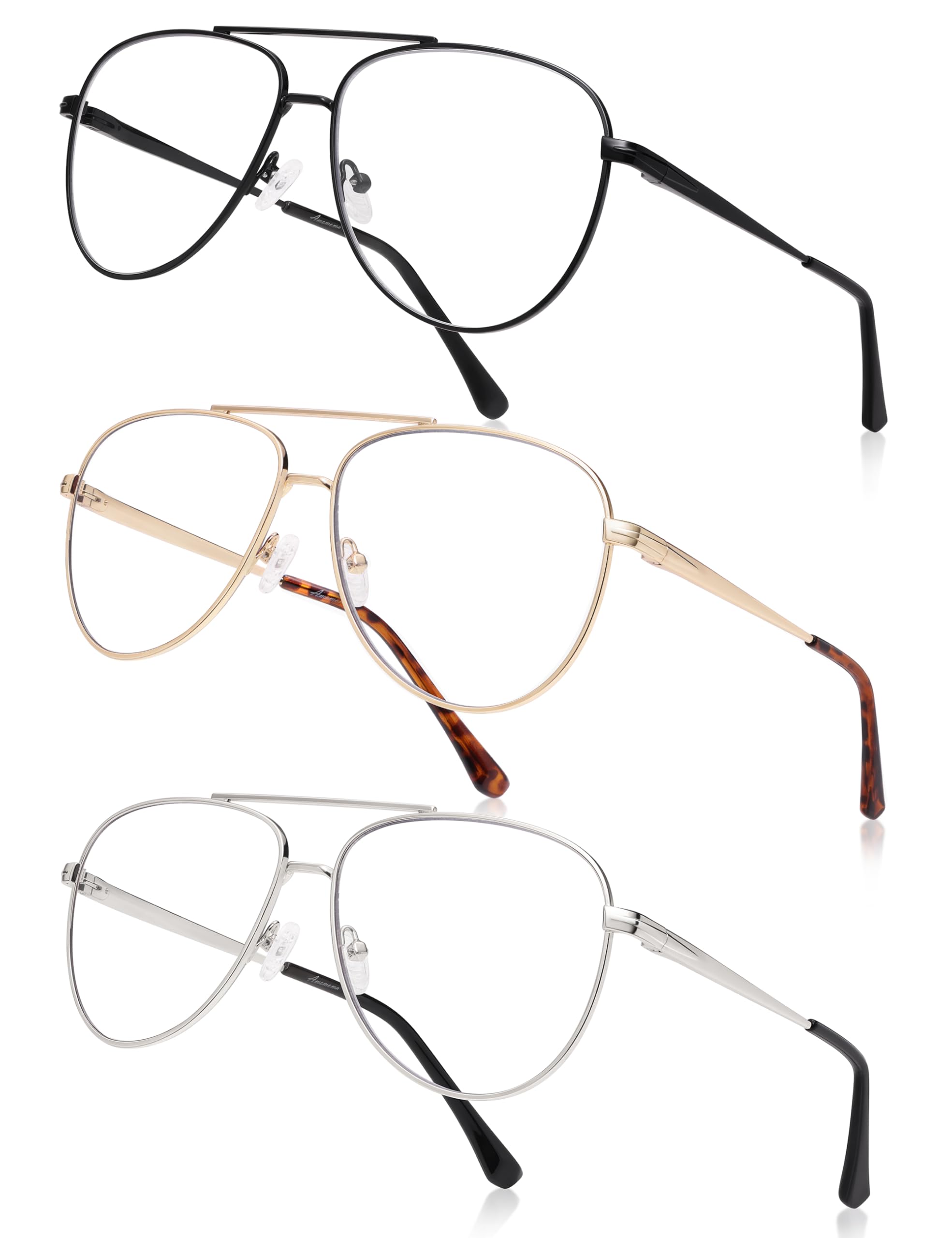AMOMOMA Aviator Reading Glasses for Women,Men Blue Light Blocking Computer Readers Trendy Retro Metal Frame AM6162US, Black&Gold&Silver 1.00x
