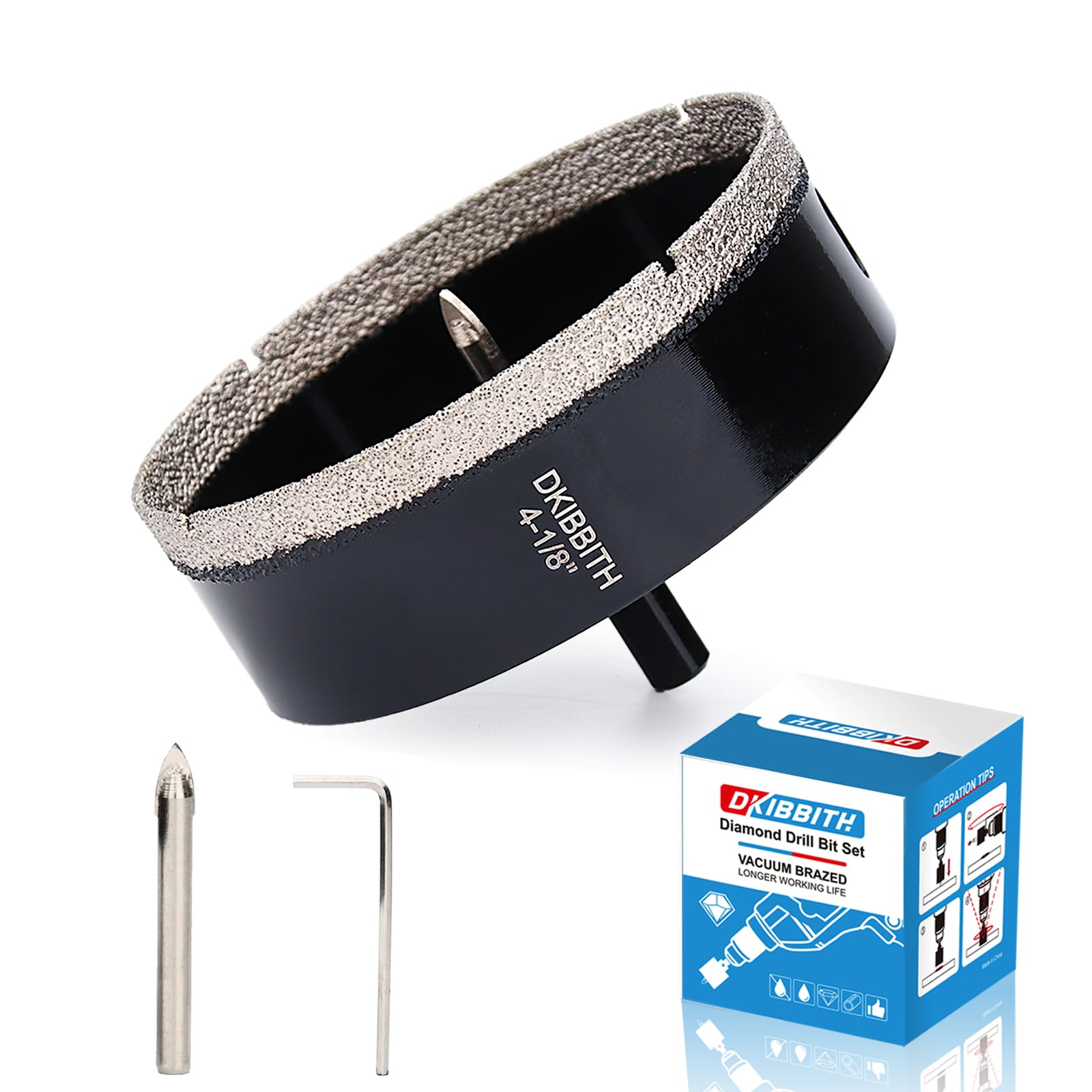 DKIBBITH 4-1/8" Diamond Hole-Saw Bits with Pilot Drill Bit - 4-1/8" Diamond Tipped Tile Hole Saws with Guiding Bit for Porcelain Tile Ceramic Pottery Granite Stone Glass Bottles 105mm.