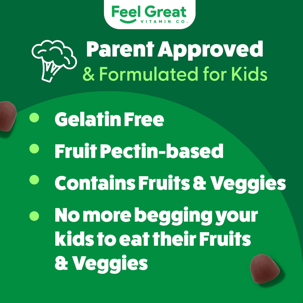 Feel Great Super Green Gummies for Kids | Fruit and Vegetable Gummies | Vegan Veggie Gummy Multivitamin for Kids | Veggie Fiber Supplement | 60 Count