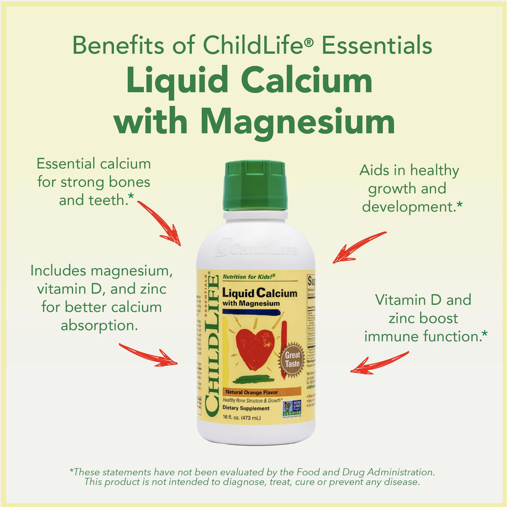 ChildLife Essentials Liquid Calcium Supplement for Kids - Baby Calcium with Magnesium, Zinc, and Vitamin D3 - Orange Flavor, 16 fl oz (6 Pack)