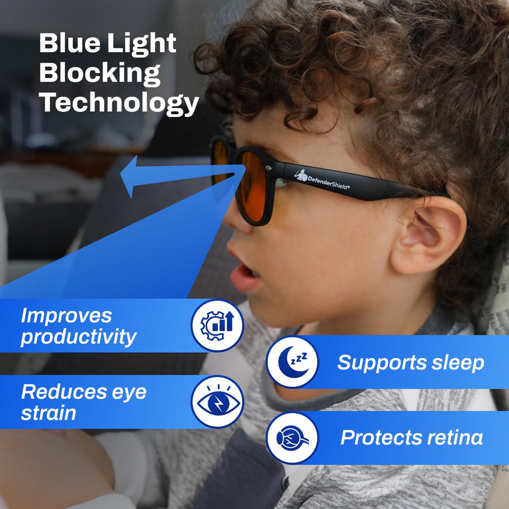 DefenderShield Blue Light Glasses For Kids – Kids Blue Light Glasses Girls and Boys With Orange Lenses (99% Blue Light Blocking) For Screens – Lightweight, Flexible & Shatterproof Black Fit Frames