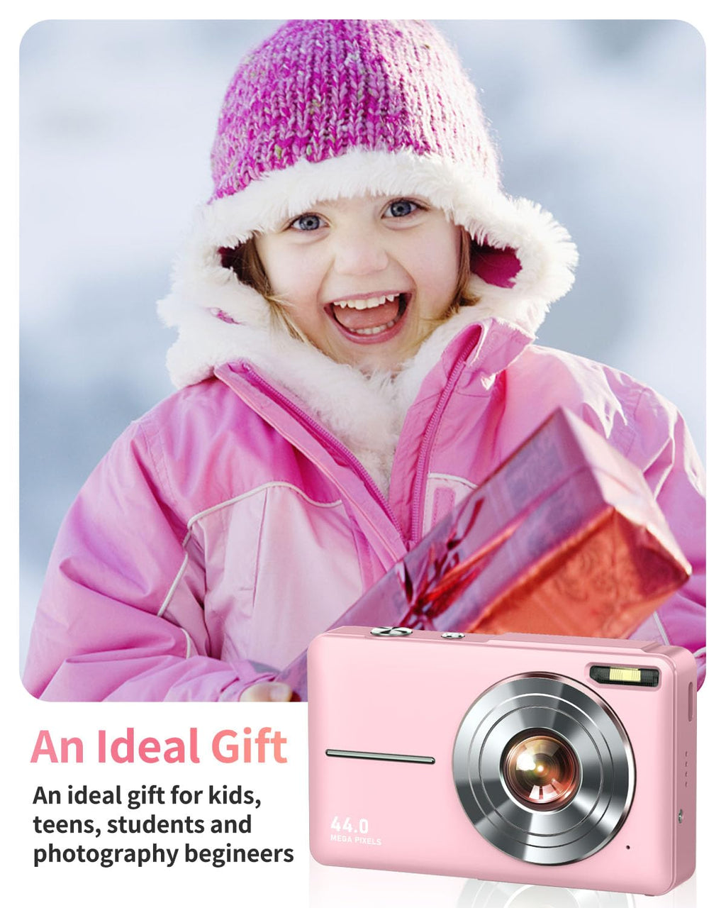 Lecran Digital Camera, FHD 1080P Point and Shoot Camera for Kids Teens Pink